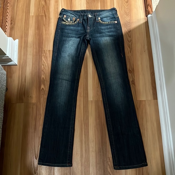 True Religion Womens Billy Straight Leg Jeans Flap Pocket Stitched Low Rise - Picture 2 of 9